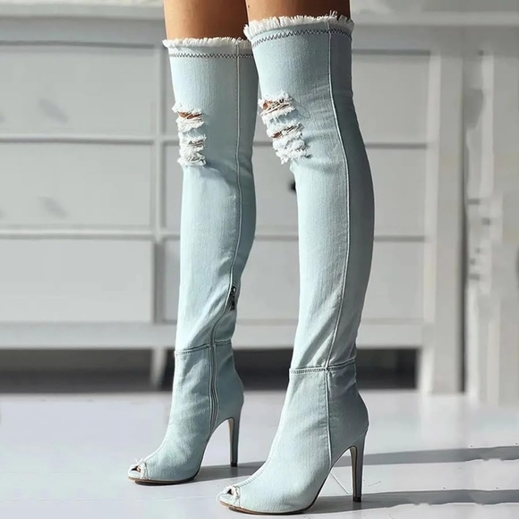 Denim distressed thigh high boots - Picture 4 of 5